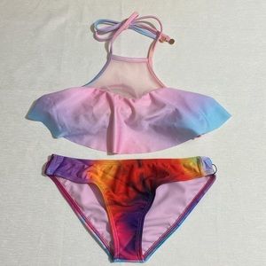WILDFOX Bikini Set-Pastel Rainbow Flounce Mesh Bikini Top & Hipster Bottom Sz XS